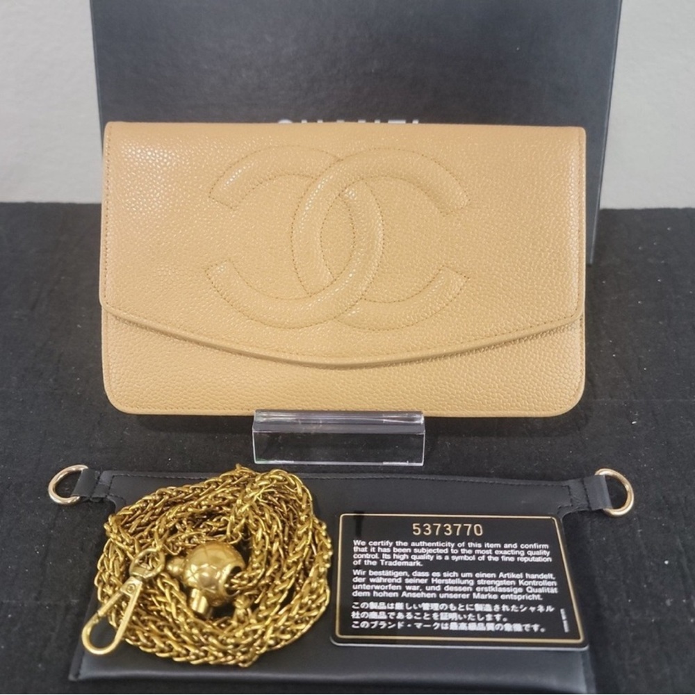 Chanel Tan Gold Clutch with Chain Holder & Strap